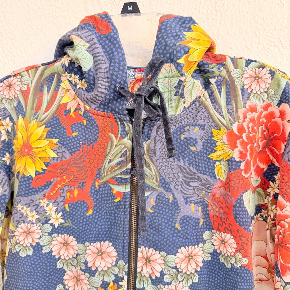 Johnny Was Navy Floral Zip Hoodie with Red, Yellow & Pink Accents - Picture 2 of 10